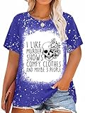 Binshre Plus Size Halloween Shirts I Like Murder Shows T-Shirt Women Novelty Horror Shirt Skull Casual Tie Dye Graphic Tees Tops