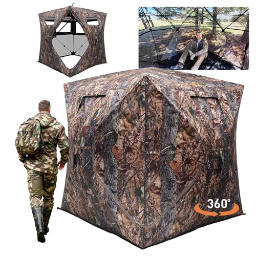 Image of FUNHORUN Hunting Blind with Floor Mat, 360 See Through Ground Blind, Pop Up