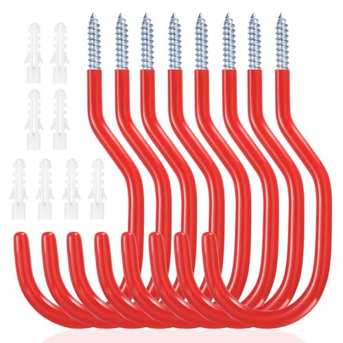 8 Pcs Ganchos para Colgar Bicicletas Pared, Gancho de Garaje Resistentes, Ganchos Atornillar, Ganchos de Pared para Colgar Herramientas Equipos Deportivos Techo de Garaje (Rojo)