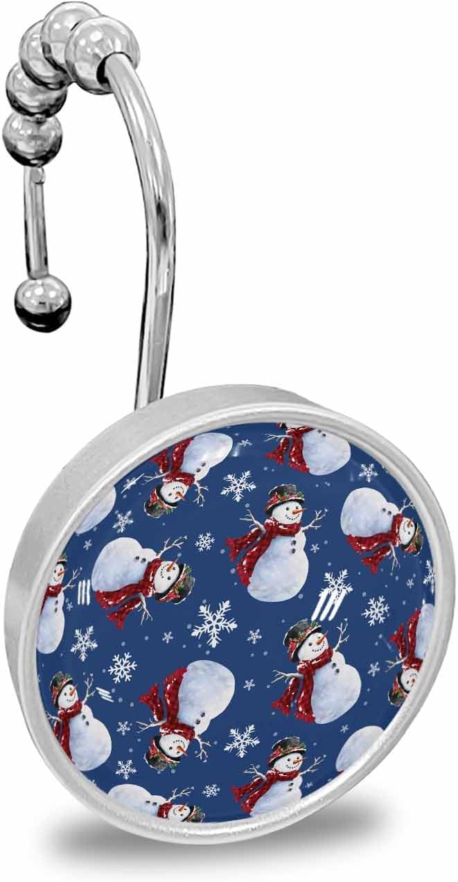 Shower Curtain Hooks 12 Pcs Christmas Cute Snowman Snowflake Navy Blue Stainless Steel Rust Proof Rolling Shower Curtain Rings, Decorative Shower Curtain Hooks Hangers for Bathroom
