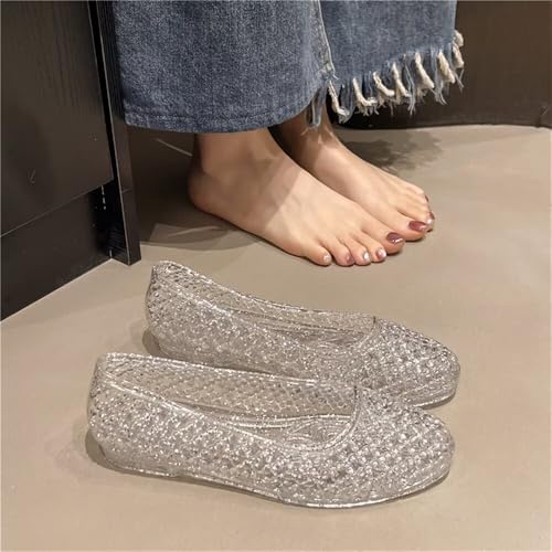 Image of Stunner Women Beach Jelly Shoes Slip On Crystal Summer Hollow Ballet Flats | Summer Cool PVC Breathable Outdoor Indoor Dressy Flat Sandals for Holiday Shopping Spa Swimming Pool