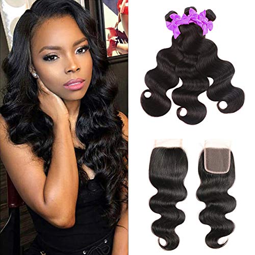 Miss CARA Brazilian Hair Body Wave 3 Bundles with Closure 100% Human Hair Bundles with Lace Closure Natural Color(12 & 14 & 16 & Closure 10)