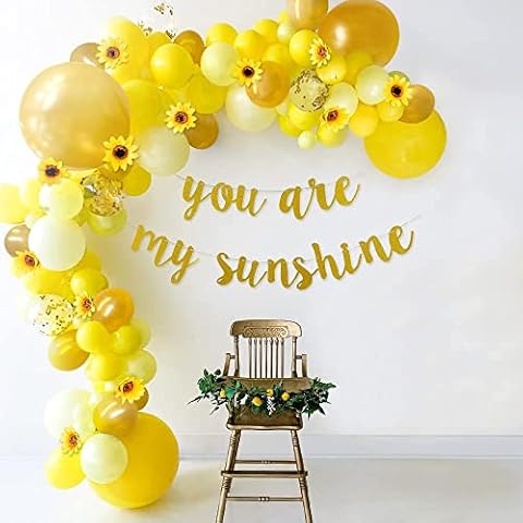 Sweet Baby Co. Sunflower Baby Shower Decorations for Girl or Boy Sunflower Balloon Garland Arch Kit with Yellow Balloons, Flowers Vine, You Are My Sunshine Gold Banner, Bee Theme Decor Birthday Party Cover