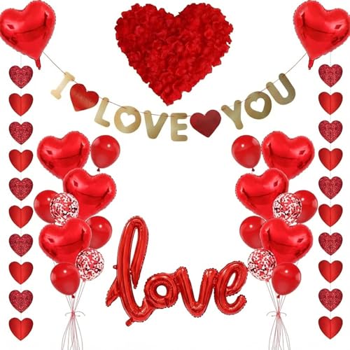 Décoration Saint Valentin Rouge – Set Déco Love 29 pcs avec Bannière I Love You, Ballons Cœur & Pétales de Roses – Saint Valentin, Demande en Mariage,...
