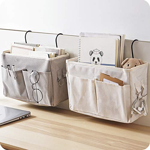 KeDun Kedoung 2Pack Bedside Organizer Caddy Hanging with Hook, Bed Storage Pocket for Dorm Kids Room Top Bunk Bed Loft Bed, Bedside Storage for Phone Remote Control Laptop Books (Grey+White)