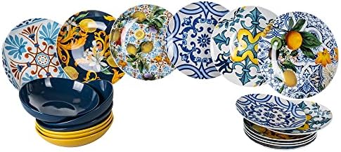 Villa d'Este Home Tivoli Set of 18 Porcelain and Stoneware Plates, 6 Different Table Places, Italian Beauty, 5911286