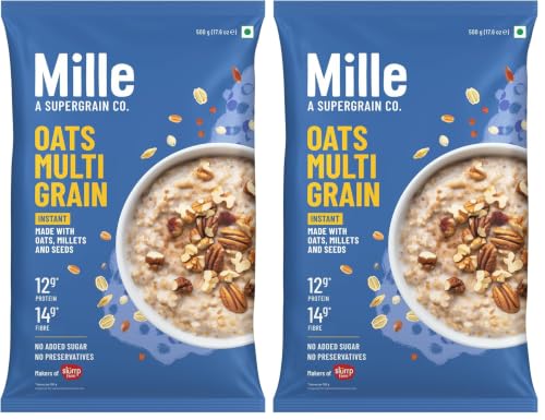 Image of Mille Zero Added Sugar Millet and Oats | High Fibre | Power of 7 - Millets, Oats, Flax seeds and Chia seeds | Instant Multigrain High Protein Breakfast Cereal | 500g (Pack of 2)
