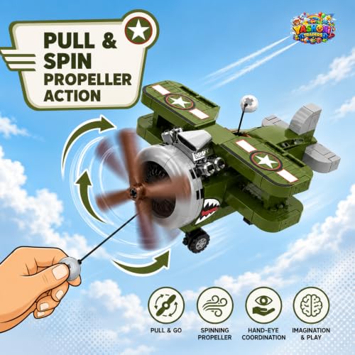 Image of Yashoni Fighter Plane Building Blocks Set - 182 Pcs Military Aircraft Model | Pull String Propeller Action, STEM Construction Toy for Kids 6+ Boys & Girls | Educational 3D Building Kit, Gift