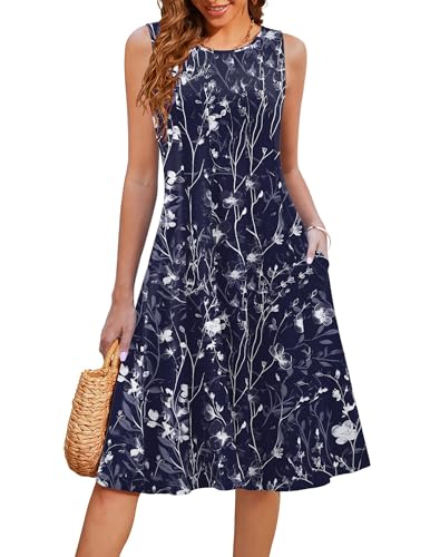 Image of HOTOUCH Summer Casual Dresses for Women Sleeveless Midi Dress Swing Tank Sundress Pleated Tshirt Dress with Pockets
