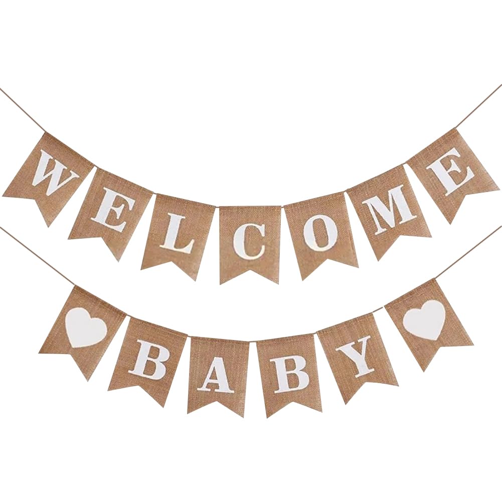 Hugede Brown Welcome Baby Burlap Banner Baby Shower Bunting Banner Elegant Baby Announcement Sign Rustic Welcome Baby Sign Baby Party Favor Banner Hanging Pennant Decoration