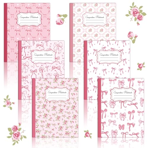 Lebsitey 6 Pcs Pink Bow Composition Notebooks, Preppy Cute Coquette Notebook,9-3/4 x 7-1/2" Aesthetic College Ruled Journal Back to School Teacher Gifts First Day of School Favors, 110 Pages