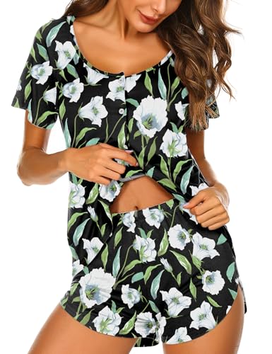 Ekouaer Womens Print Pajamas Summer Short Sleeve Pj Sets Button Up Sleepwear 2 piece Retro Flower Lounge Set Casual Sweatsuit Outfit White Flower L