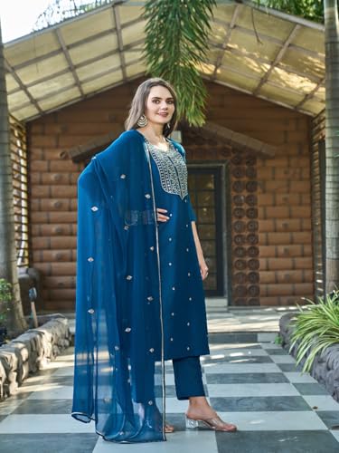 Image of GoSriKi Women's Cotton Blend Embroidered Kurta Set with Pant & Dupatta - Straight Calf‑Length, 3 /4 Sleeve, Round Neck - Elegant Ethnic Attire (5 Colors, S-5XL)