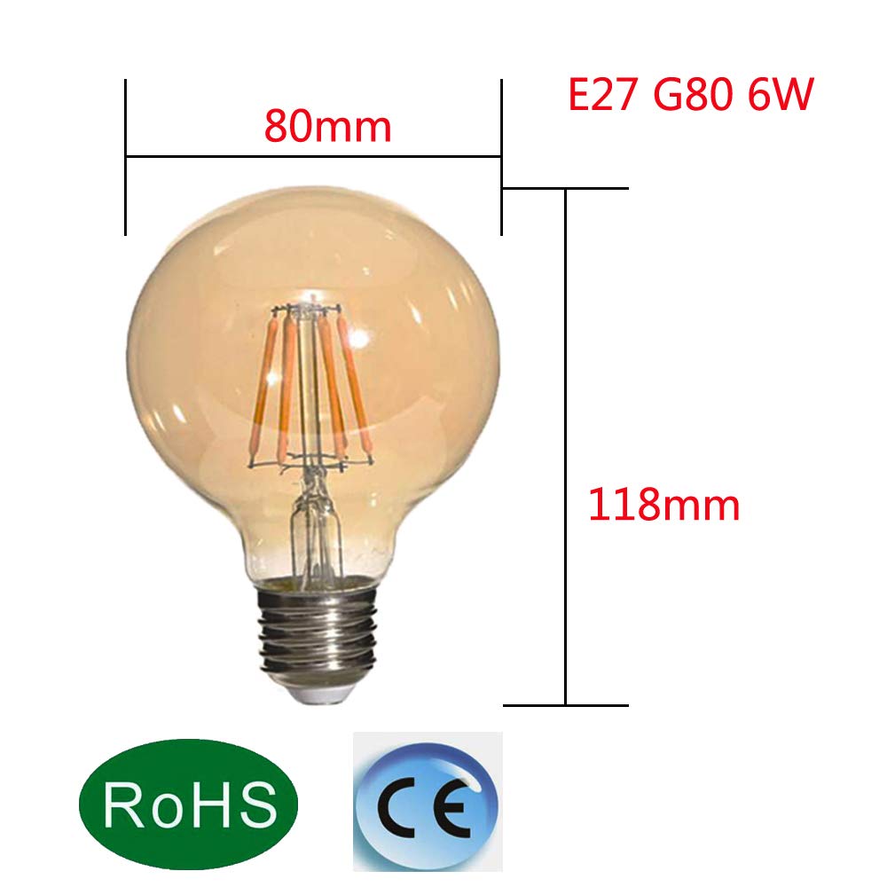 Lampadina G80 Edison Non dimmerabile Lampadina E27 a Vite in Vetro Ambrato,Lampadine a Filamento Retrò 600LM Bianco Caldo Morbido 2700K,6W(Equivalente a Incandescenza da 60W)6 Confezione