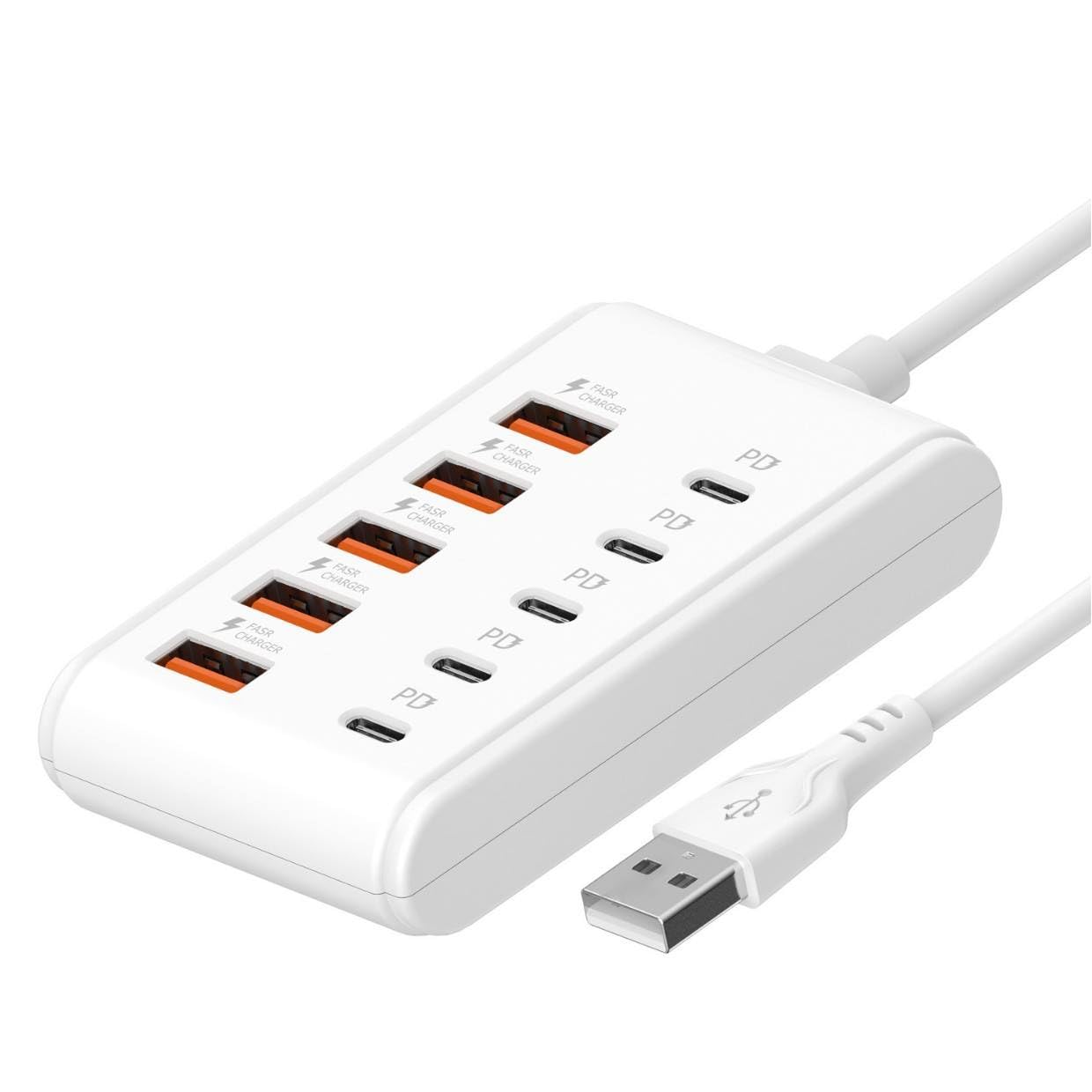 10 Ports: 5 Type-C PD and 5 USB-A Interfaces, Suitable for Laptops, Tablets, and Multiple Devices. A Compact Power Hub for Your Workspace, Featuring Fast Charging, a Power Adapter (5USB+5Type C)