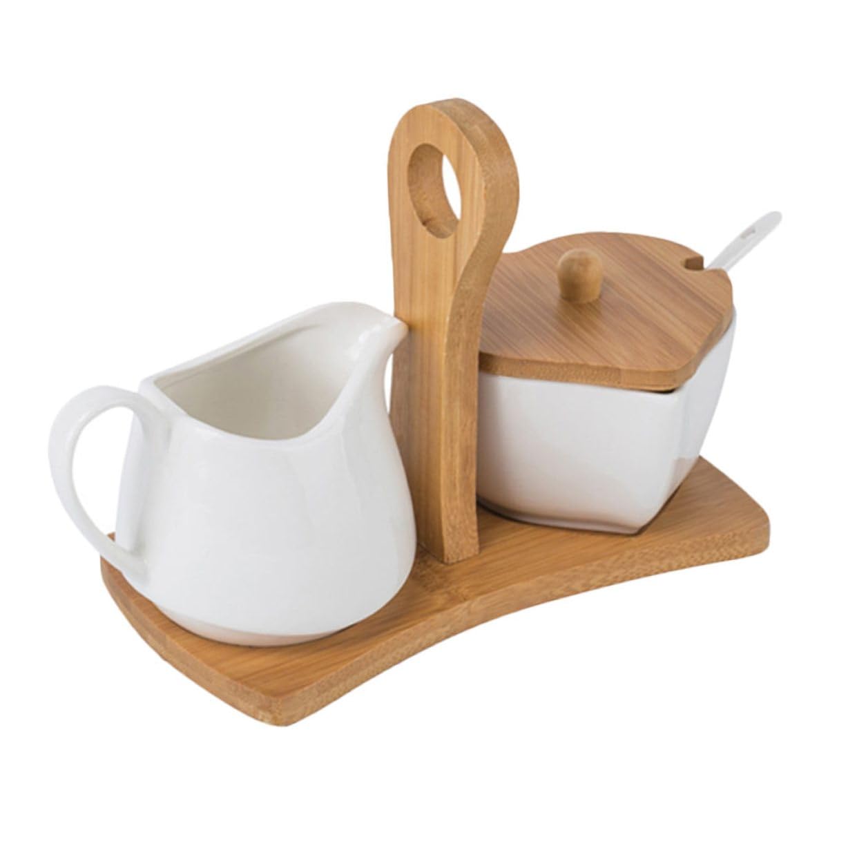 Artibetter Sucrier Céramique Blanc avec Pot à Lait et Set de Rangement pour Maison avec Plateau Bambou Décoration et Fonctionnelle pour Cuisine