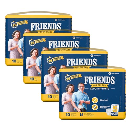 Image of Friends Overnight Adult Diaper M Size Pants | 40 Count (Medium) | Waist 25 - 48 inch | 16 Hrs Protection | Leakproof | Quick & Even Absorption | Unisex | Anti-Rash | Odour Lock | Superior Softness | Elastic Waist & Anti-Bacterial Absorbent Core