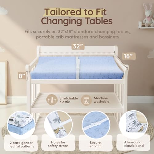 Image of Baby Changing Pad Covers Table Sheet 32 inchx 16 inch, 8 inch Deep Pocket - Diaper Cotton Dinosaur Changing Pad Cover, 100% Cotton Cover Sheets 2 Pack, Dino Baby Sheets, Designed in France, Dino Safari