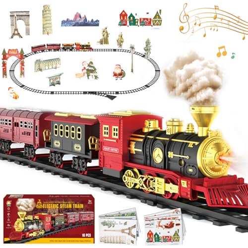 Trem de brinquedo, comboio de Natal, controlo remoto jogos de comboios a vapor com fumo, conjunto de trilhos natalícios, DIY ferroviárias jogos