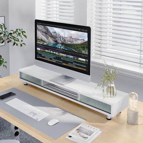 Image of Fenge Dual Monitor Stand, 42.5inch Long Monitor Stands Riser for 2 Monitors, Glass Sliding Door with Storage Organizer Stand for Desk, 2 Tier Desk Shelf for Laptop, Pc, Printer, Computer, TV