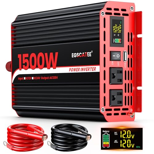 1500W Power Inverter 12V DC to 110V/120V AC Converter Peak Power 3000W Car Inverter with LCD Display 2 AC Outlets 3.1A USB Port for Vehicles Camping Travel Emergency Use
