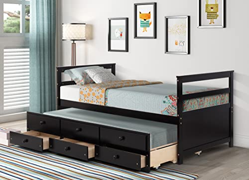 Windaze Twin Trundle Bed With Storage, Captain Bed With 3 Drawers, Wood Trundle Bed Frame With Pull Out Bed For Children Teens, Wooden Slat Support No Box Spring Needed, Brown #TOP5