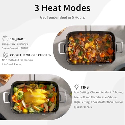 Image of Slow Cooker 10-Quart - PFOA-Free Ceramic Coating, Oven Safe to 450F | Keep Warm Function for Large Family Gatherings (Includes Silicone Spoon)