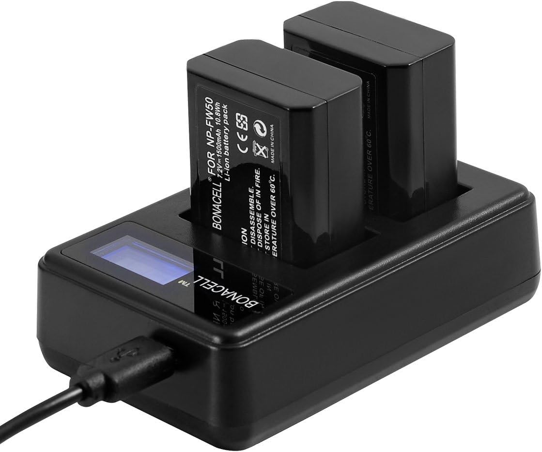 Bonacell NP-FW50 Battery and LCD Dual Charger Compatible with Sony Alpha a3000, a6300, a6000, DSC-RX10 IV, a7s, a7, a7s ii, a7r ii, a5100, a5000, a7r, a7 ii etc Digital Camera