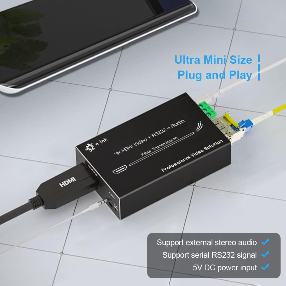 4K HDMI Fiber Optic Extender, 20km Range, Supports RS232, External Stereo Audio