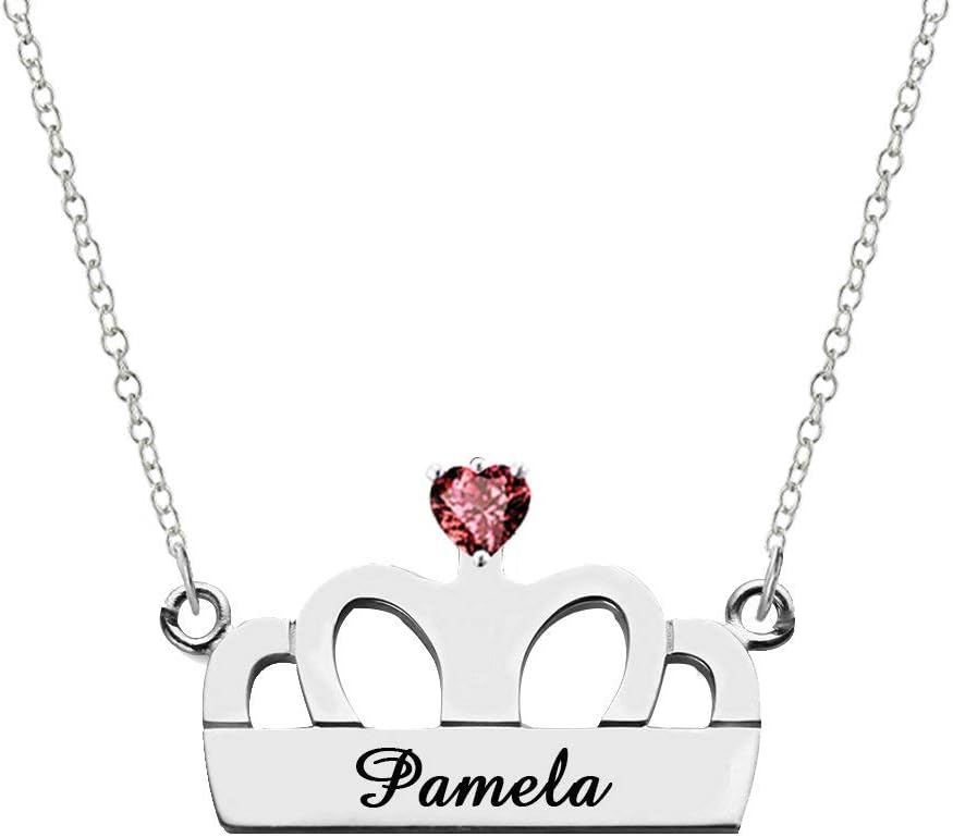 SecondTill Custom Name Necklace Personalized Engraved Crown Pendant Birthstone Necklace Jewelry