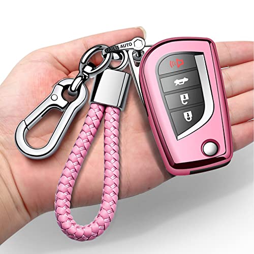 Autophone Compatible with Toyota Key Fob Cover with Keychain Soft TPU 360 Degree Protection Key Case for Fortuner Tundra Camry RAV4 Highlander Corolla Smart Key(Pink)
