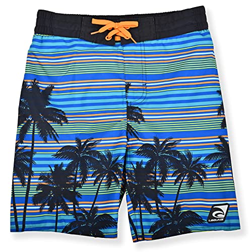 Laguna Boys Party Palm Stripe Swim Trunks, Blue Combo, 10/12