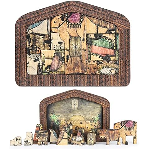 DirkFigge Wooden Nativity Set Jesus Puzzles Statue with Wood Burned Design Jigsaw Puzzle Game for Adults and Kids Home Decoration Cupboard Tabletop Ornament Crafts Birthday Cover