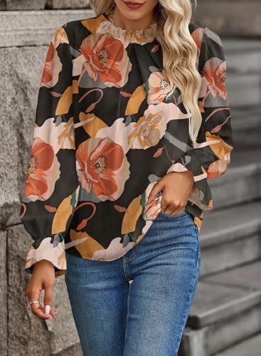 Women's Swiss Dot Shirt Ruffle Long Sleeve Pleated Crewneck Blouse Casual Loose Tops4