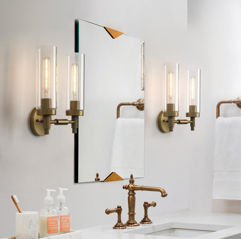 Phansthy Rustic Industrial Wall Sconce Light with 8cm Tubular Clear Glass Lampshade (Double Sconce Antique)