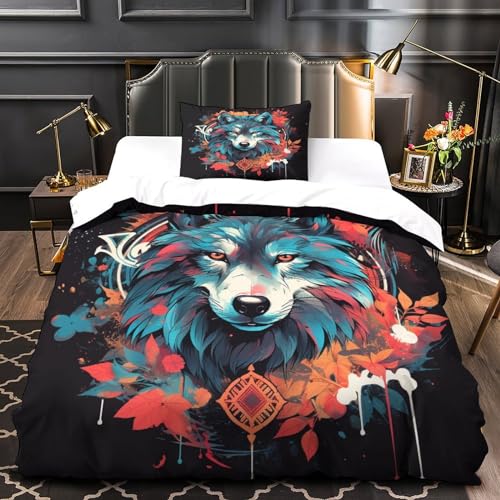 Ensemble de literie loup 3D premium - Housse de couette 135x200cm finition microfibre soyeuse - 3