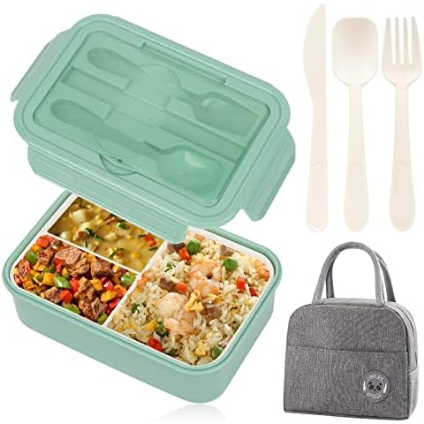 HOTOOLME Lunch Box with Compartments 3 Compartment Lunch Box Sandwich Boxes for Adults with Flatwares and Lunch Bag Cover
