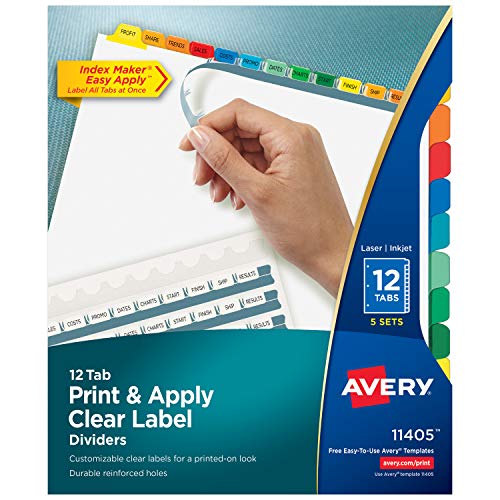 Avery 12-Tab Binder Dividers, Easy Print & Apply Clear Label Strip, Index Maker, Multicolor Tabs, 5 Sets (11405)