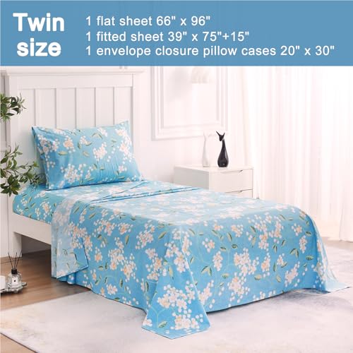 Image of JSD Blue Floral Printed Twin Sheet Set Extra Deep Pocket | 3 Piece Soft Botanical Microfiber Sheets, OEKO-TEX Certified, Easy Care
