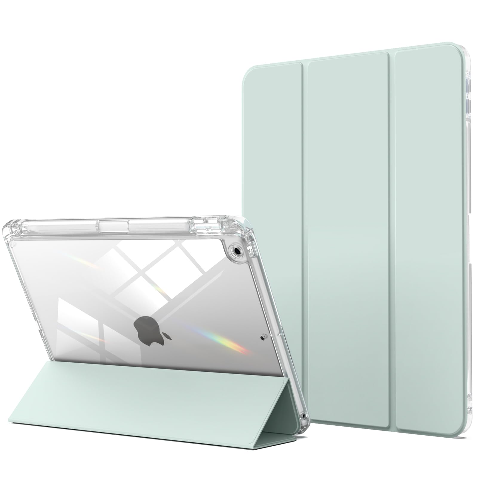zoyuCrystal Case for iPad 9th/8th/7th Generation 2021/2020/2019 10.2 inch with Pencil Holder, Hard Clear Back Shockproof Protection Soft Frame Slim Stand Cover, Auto Sleep/Wake - Tender Green