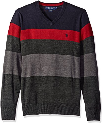 U.S. Polo Assn. Men's Stripe V-Neck Sweater, Navy, Large