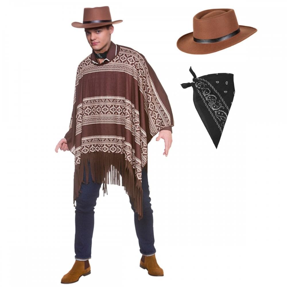 Titch & Timbo Western Cowboy Poncho + Gunslinger Hat & Black Bandana & Accessory Options : Mens Adult Wild West Drifter Gunman Fancy Dress Costume Set (Poncho, Hat, Bandana (Black Paisley))