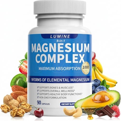 Lumine Magnesium Complex Supplement - Advanced 8-in-1 Elemental 1000mg- Glycinate Citrate Malate Taurate Chelated for Easy Absorbed Energy-Restoring 90 Capsules