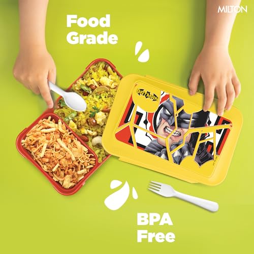 Image of MILTON Berry Tiffin Lunch Box for Kids Boys & Girls with Leak-Proof Inner Container| Food Grade,BPA Free,Compact & Durable Snacks Box for Kids I Plastic Spoon & Fork, 850 ml, Batman Print, Yellow