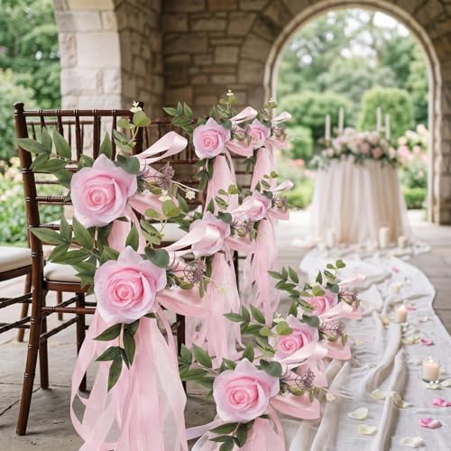 Decoraciones para pasillos de boda con rosas artificiales y adornos florales para sillas nupciales 3