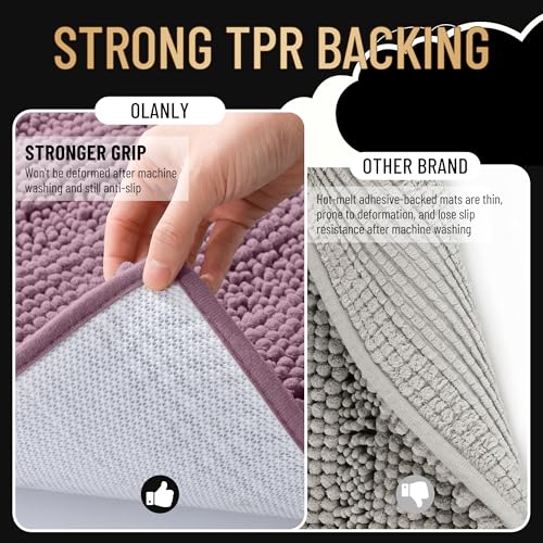 Image of OLANLY Thick Toilet Rugs U-Shaped 24x20, Extra Soft Absorbent Chenille Striped Contour Bathroom Rugs for Toilet, Dry Quickly, Machine Washable, Non-Slip Bath Mat, Deep Plum