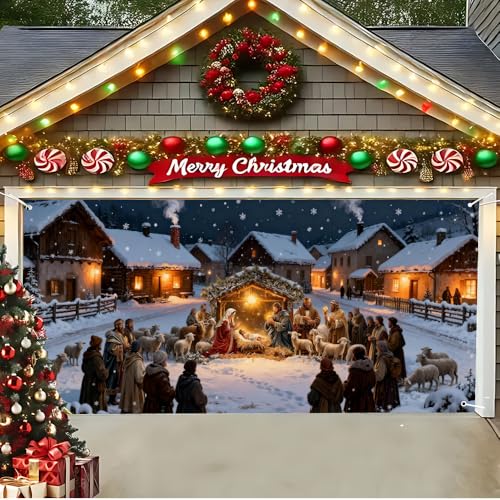Image of Christmas Garage Door Decorations 6 x 13 ft, Nativity Scene Cover