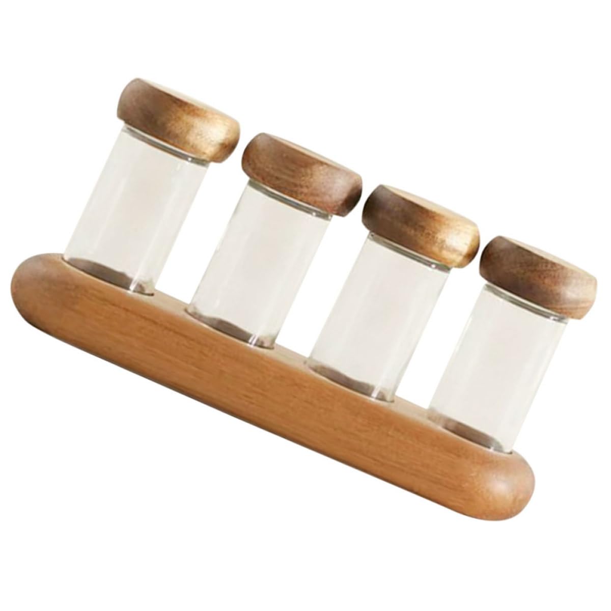 UKCOCO Set 4 Barattoli di Vetro con Coperchio in Legno di Acacia 90ml con Vassoio Porta Spezie per Cucina, Contenitori per Condimenti Trasparenti Salvaspazio per Uso Domestico e Barbecue