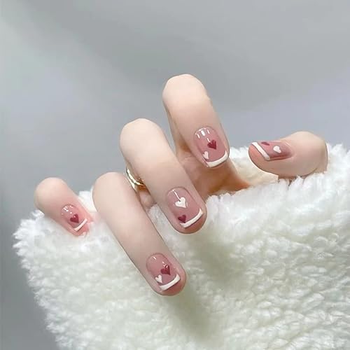 Uñas postizas cortas de punta francesa para el día de San Valentín uñas postizas rojas y blancas diseño de corazón de amor uñas postizas acrílicas