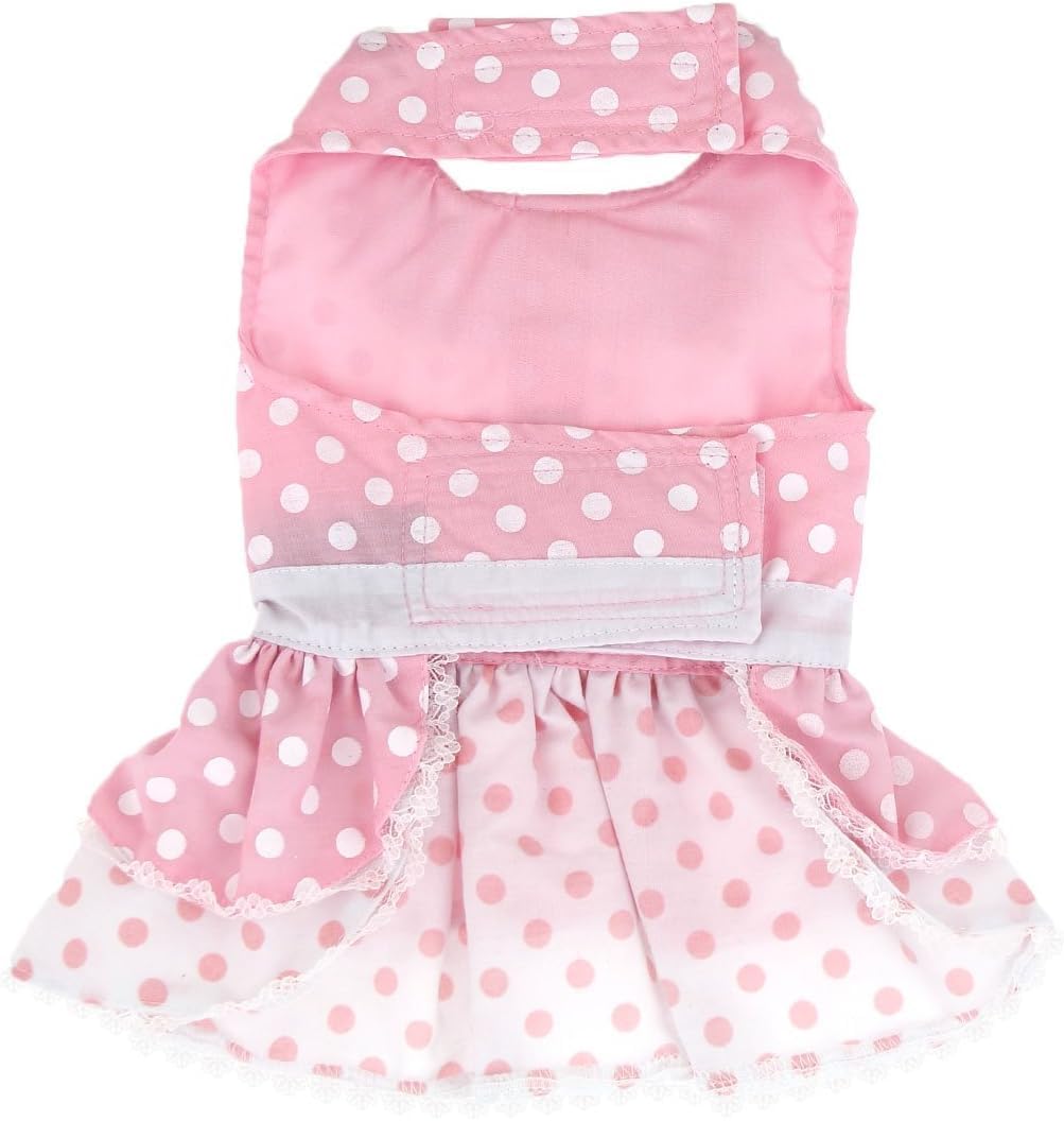 DOGGIE DESIGN Pink Polka Dot and Lace Dog Harness Dress Set (Small)